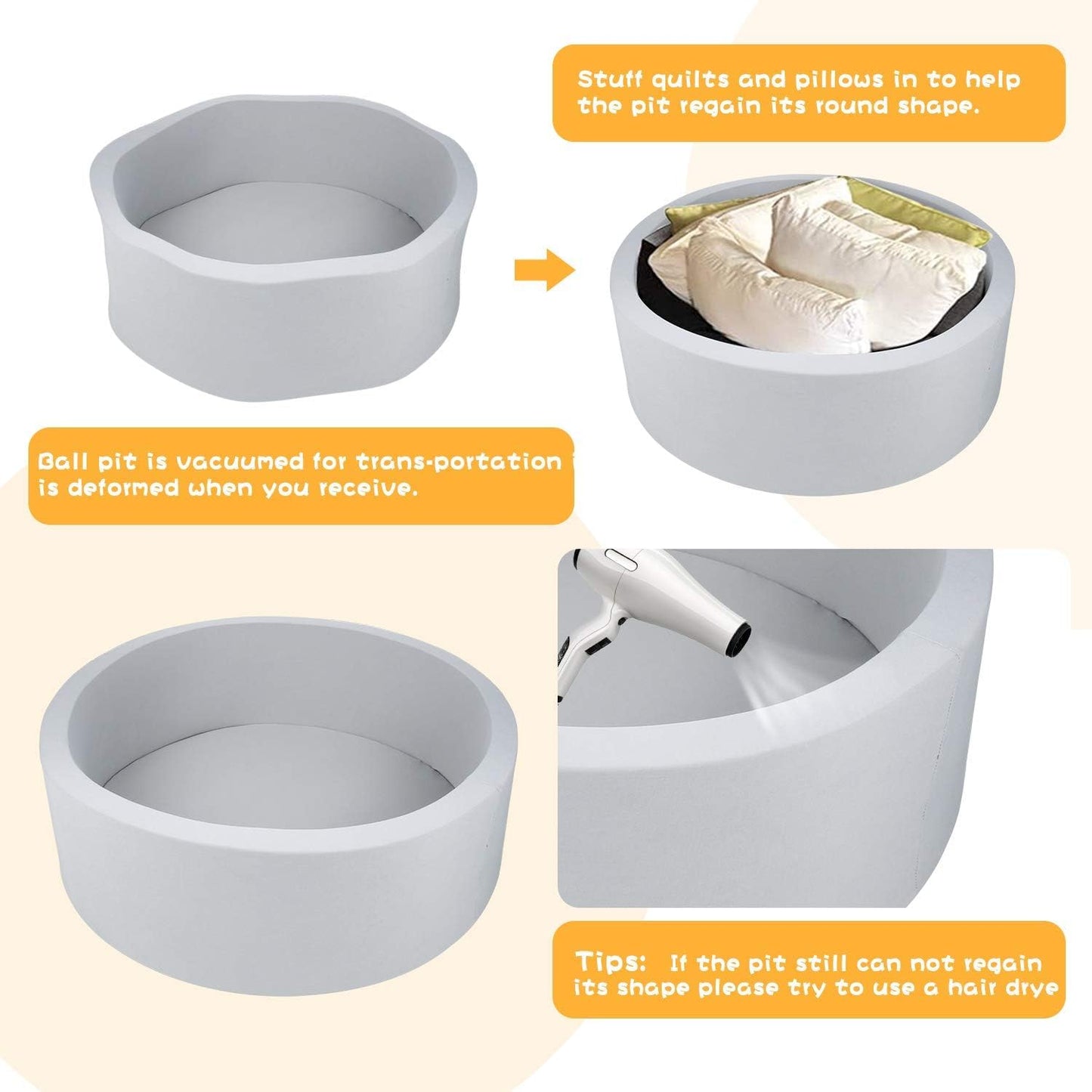 Soft Ball Pit for Toddler, 35" X 12" Foam Ball Pit with Removable Cover, Indoor Memory Sponge round Ball without Balls - Light Grey